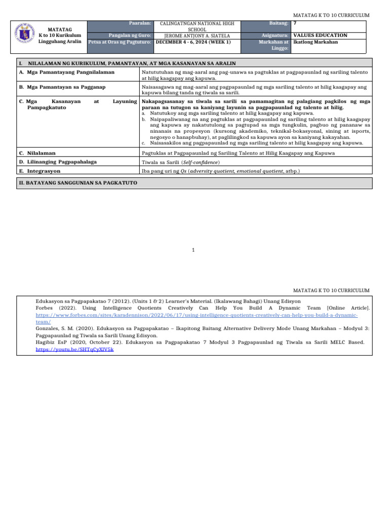 DLL Matatag - Values Education 7 Q3 W1 | PDF