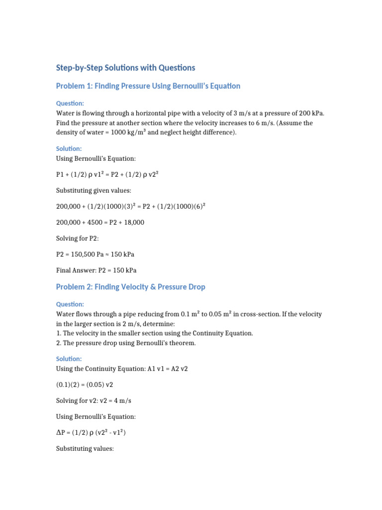 Bernoulli Equation Problem Solutions | PDF