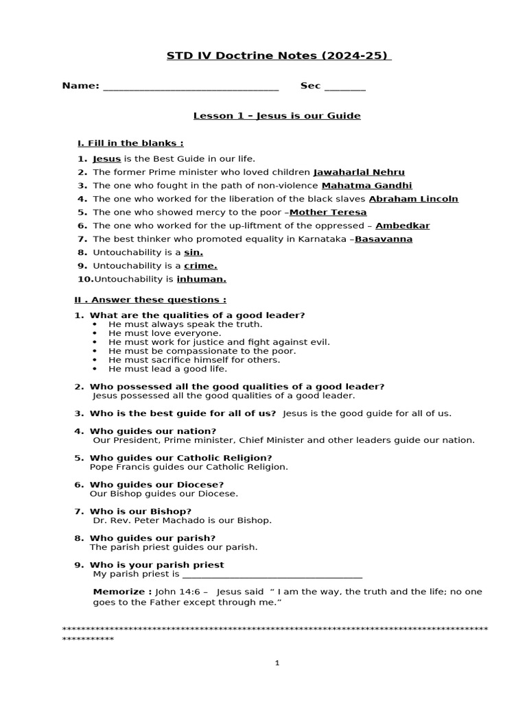 STD IV Doctrine Notes: Jesus as Our Guide | PDF | Jesus | John The Apostle
