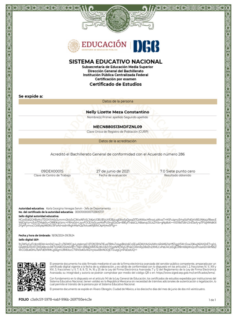 Certificado de Bachillerato SEP 2024 | PDF