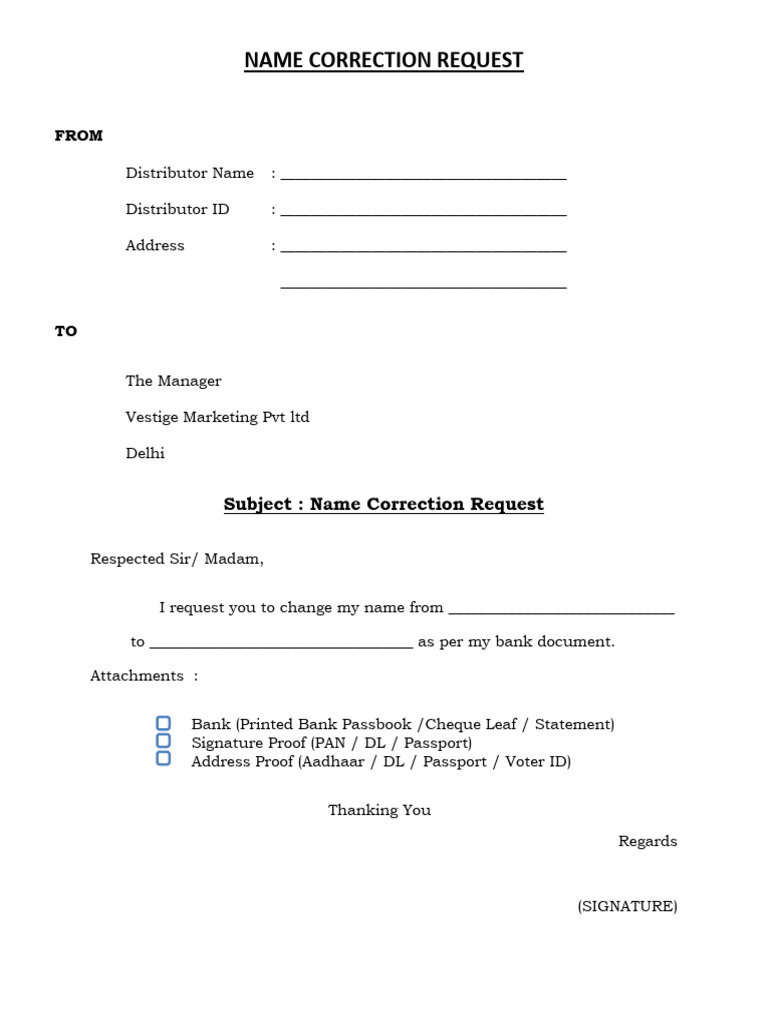 Name Correction Request to Bank | PDF
