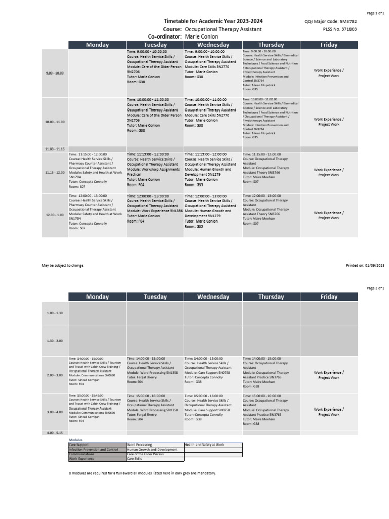 Occupational Therapy Assistant Timetable 2023 | PDF | Medicine ...