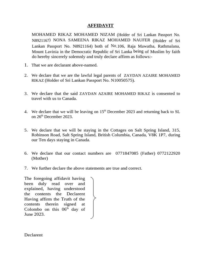 Affidavit of Parental Consent for Travel | PDF