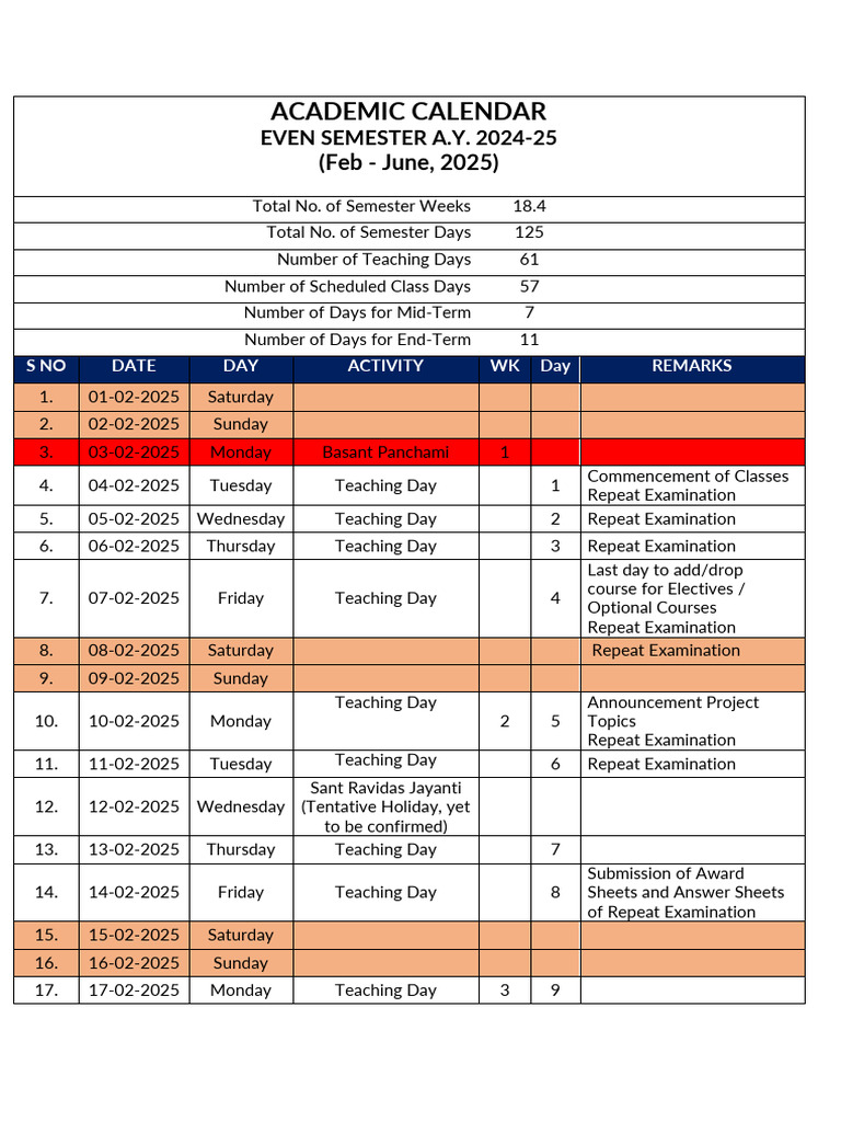 ACADEMIC CALENDAR Even Semester - A.Y. 2024-25 | PDF | Academic Term ...