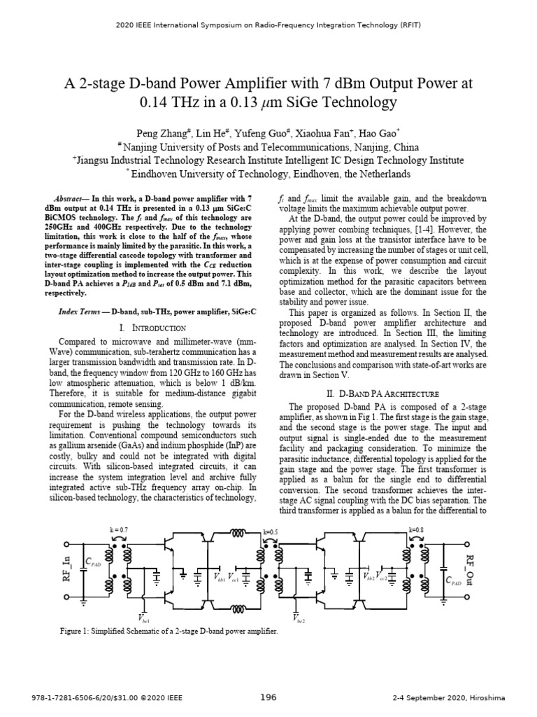 A 2-Stage D-Band Power Amplifier With 7 DBM Output Power at 0.14 THZ in ...