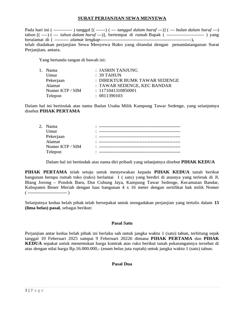 Perjanjian Sewa Ruko Tawar Sedenge | PDF
