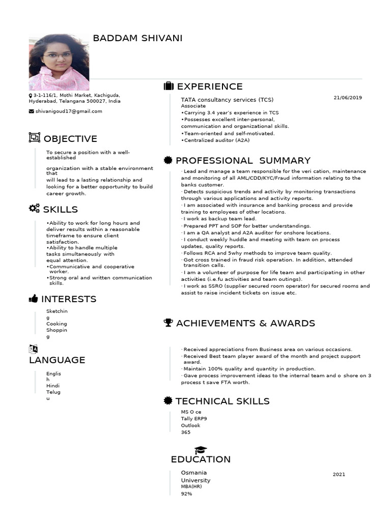 Baddam Shivani - TCS Associate Resume | PDF | Business
