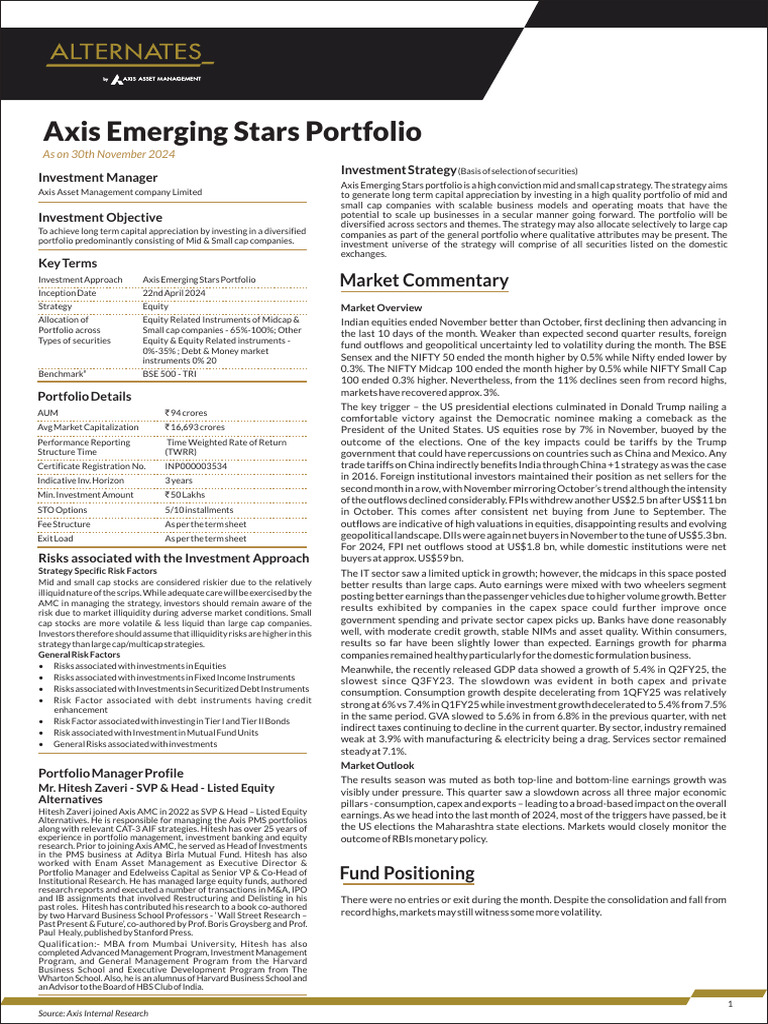 Factsheet - Axis Emerging Stars Portfolio - Nov 2024 | PDF | Investing ...
