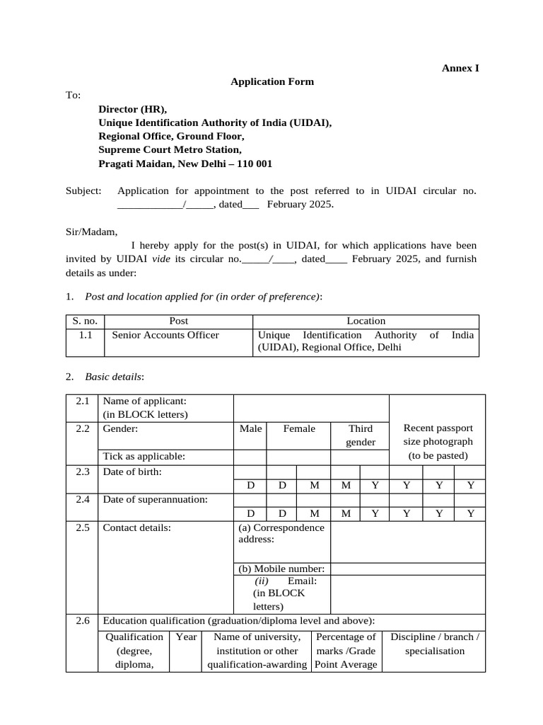 UIDAI Senior Accounts Officer Application | PDF