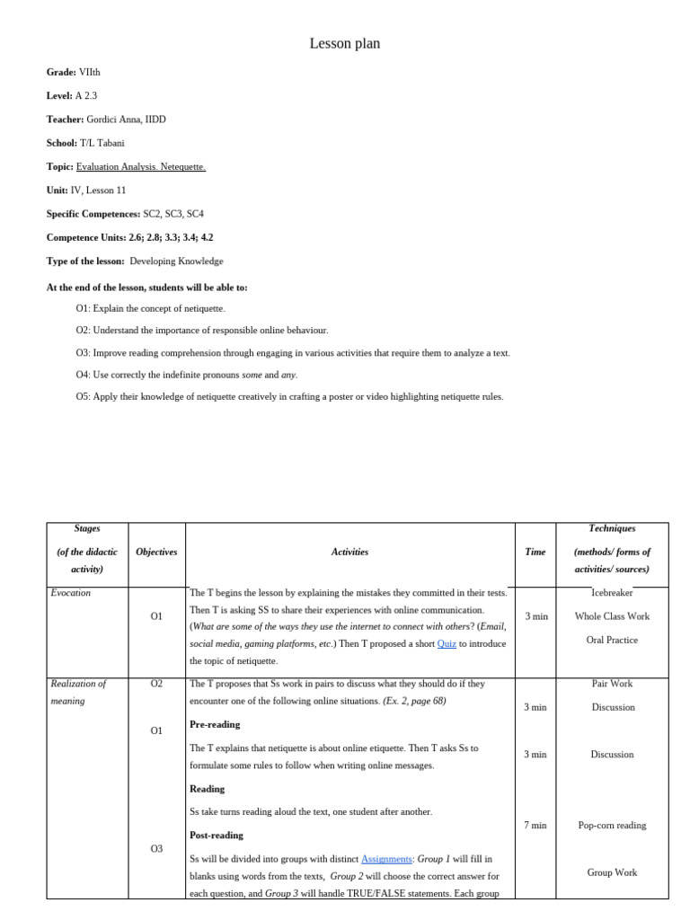Netiquette Lesson Plan for Grade VII | PDF | Cognition | Human ...