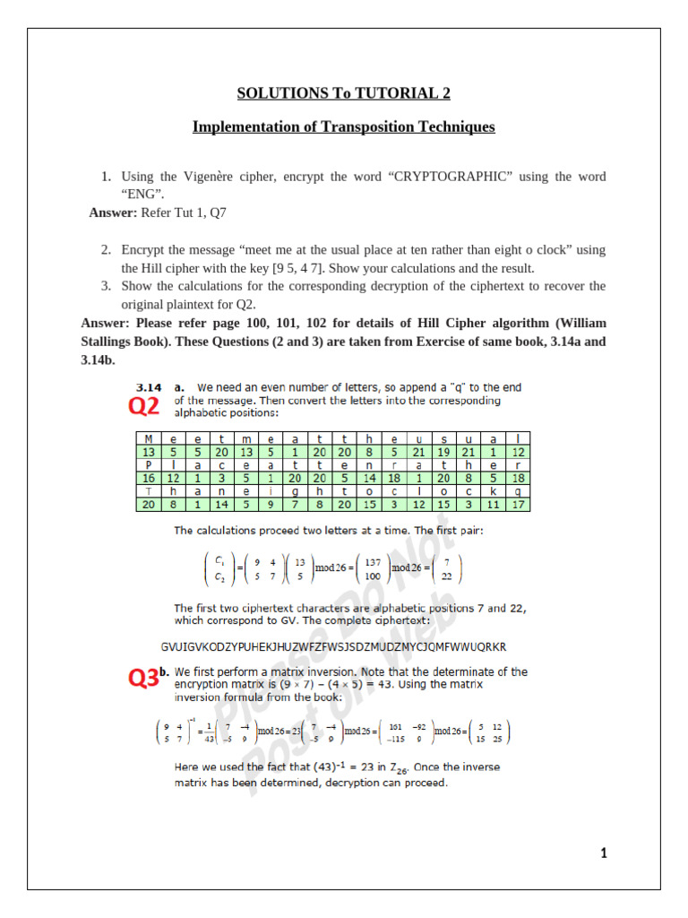 A Tutorial and Solutions On Substitution and Transposition Ciphers | PDF