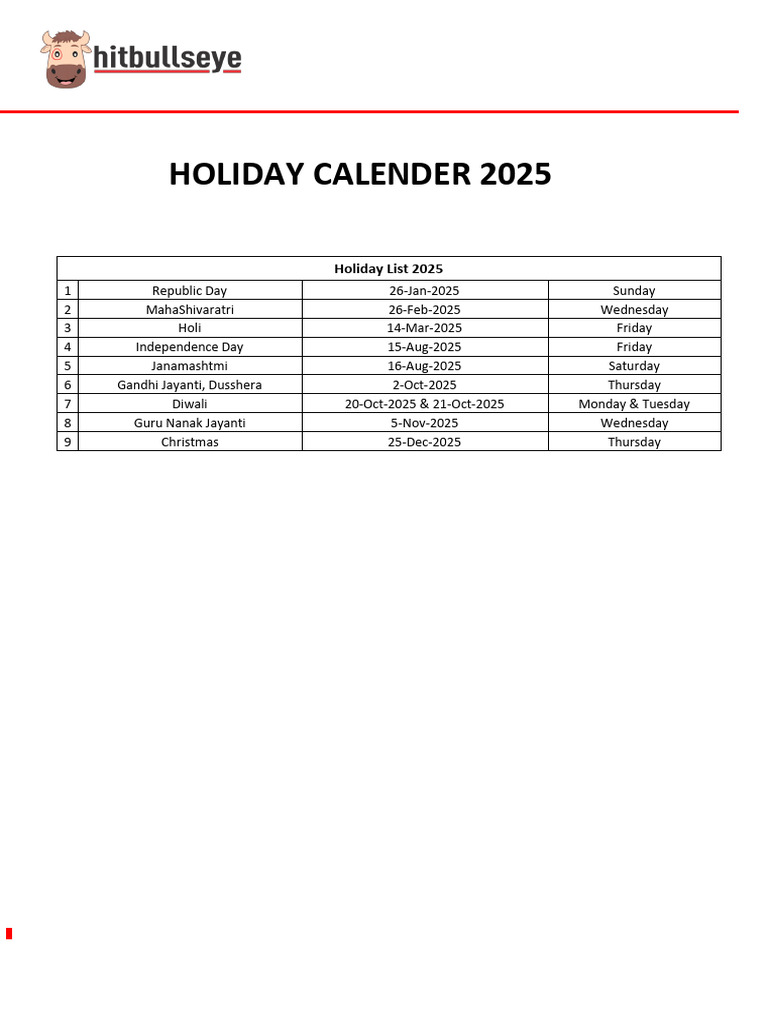 HOLIDAY CALENDER 2025 | PDF