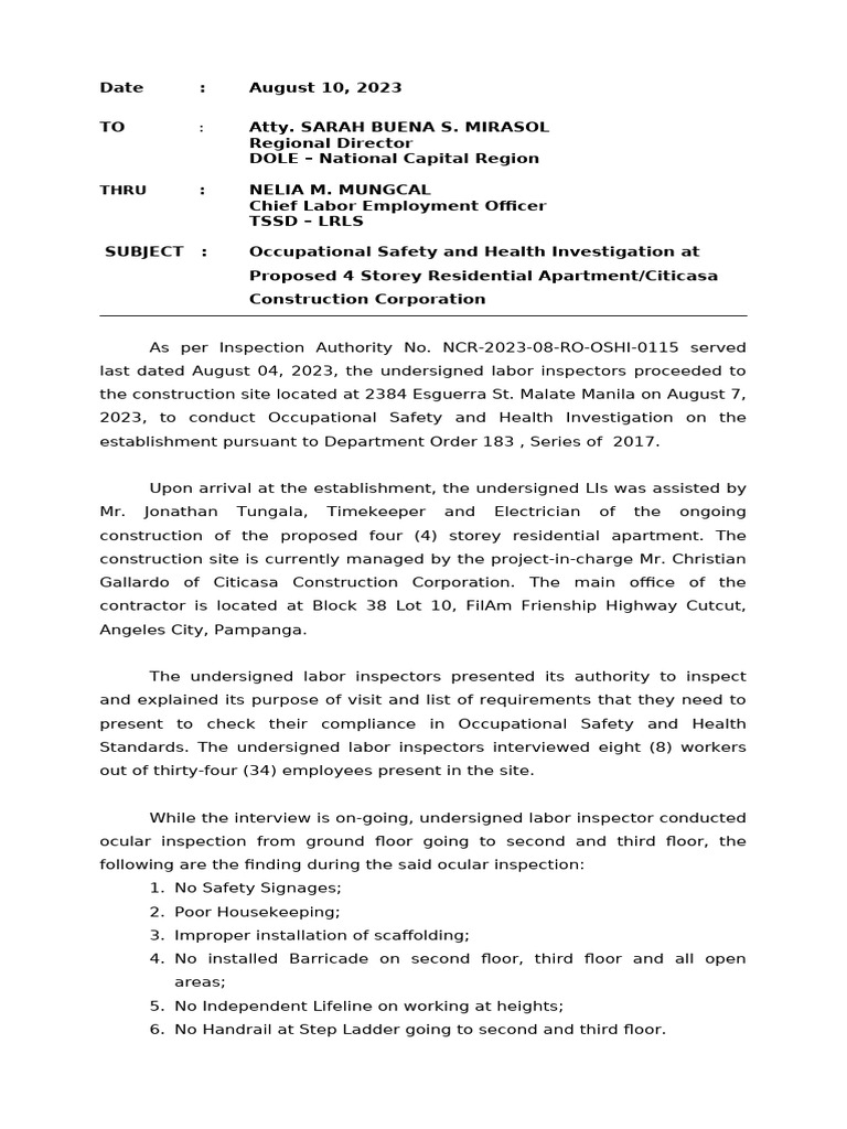 OSH Investigation Report: Citicasa Construction | PDF | Occupational ...