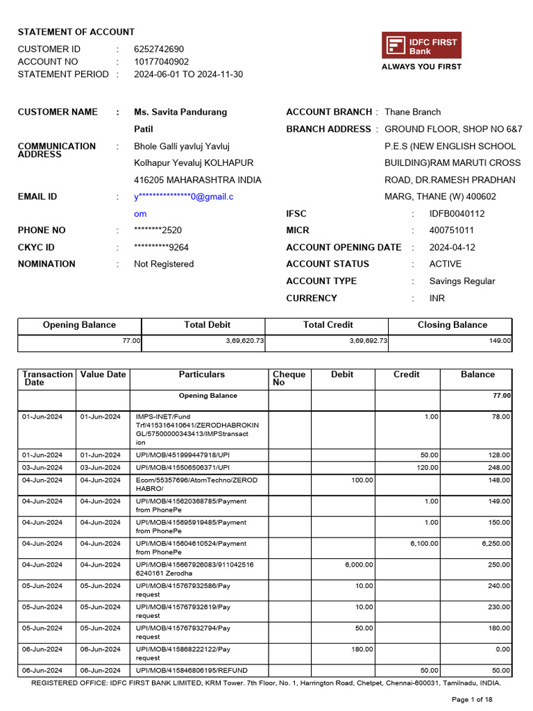 Account Statement for Ms. Savita Patil | PDF | Debits And Credits ...