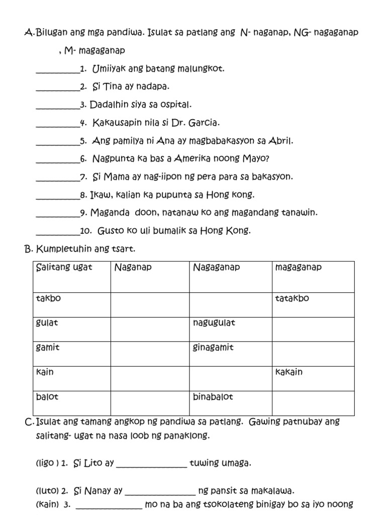 Aspekto Ng Pandiwa Quiz