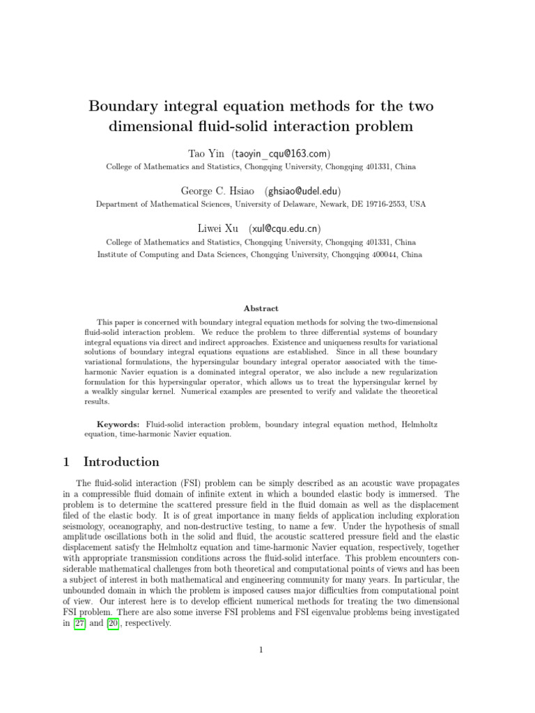 Boundary Integral Equation Methods For The Two Dimensional Fluid-Solid ...