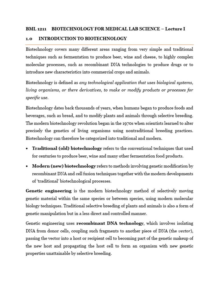 BML 1211 Biotechnology For Medical Lab Science - Lecture I | PDF