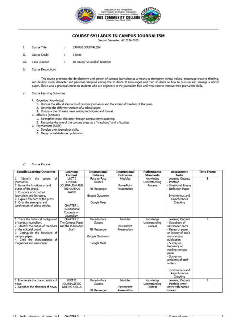 Campus Journalism Course Syllabus | PDF | Learning | Journalism