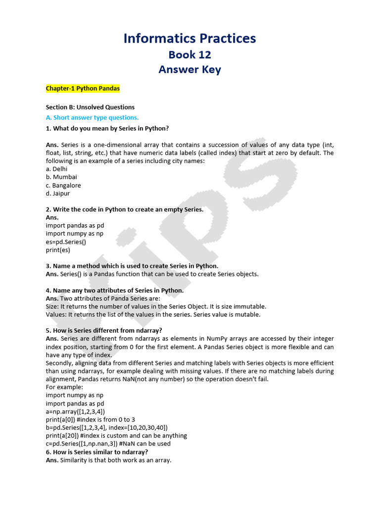 Informatics Practices Book 12 Answer Key | PDF | Relational Model ...