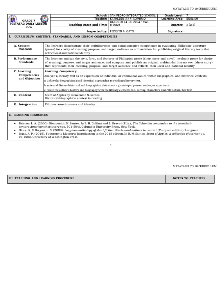 Grade 7 English Daily Lesson Plan | PDF | Curriculum | Biography