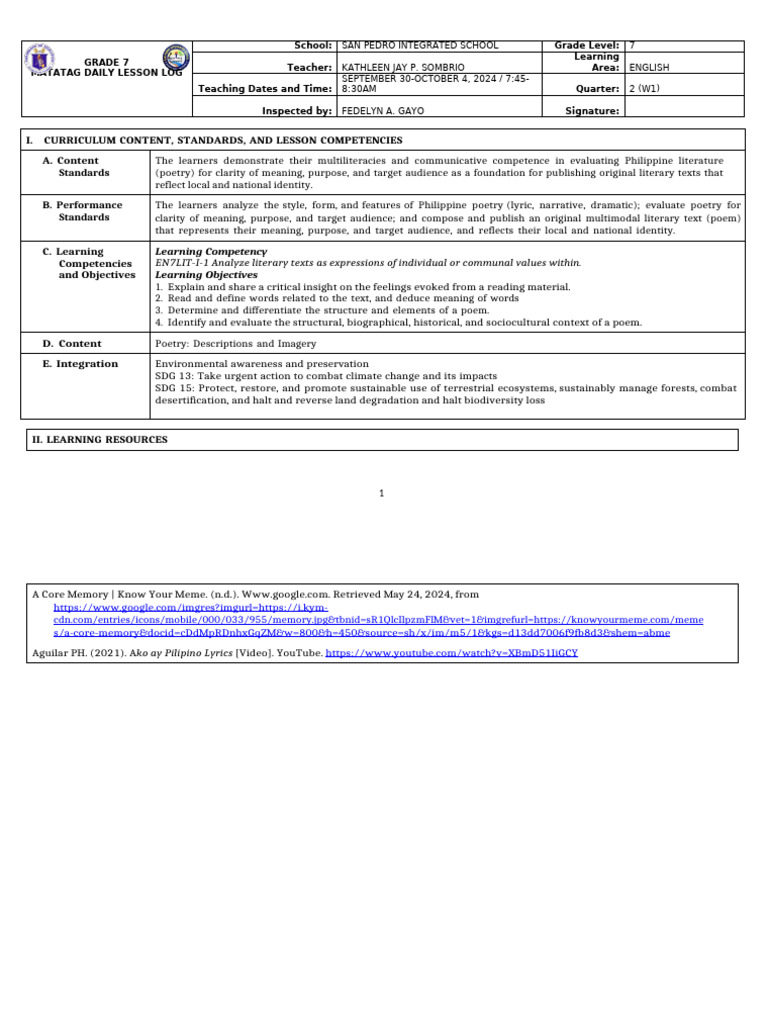 DLL Matatag - English 7 Q1 W1 | PDF | Learning | Human Communication
