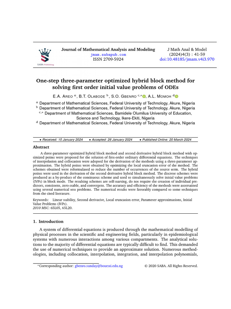 Optimized Hybrid Block Method for ODEs | PDF | Equations | Numerical ...