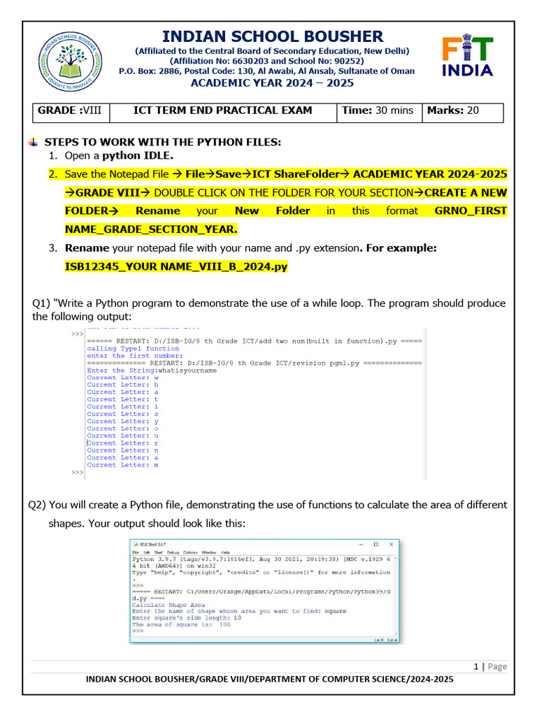 Grade VIII Python Practical Exam Guide | PDF | Parameter (Computer ...