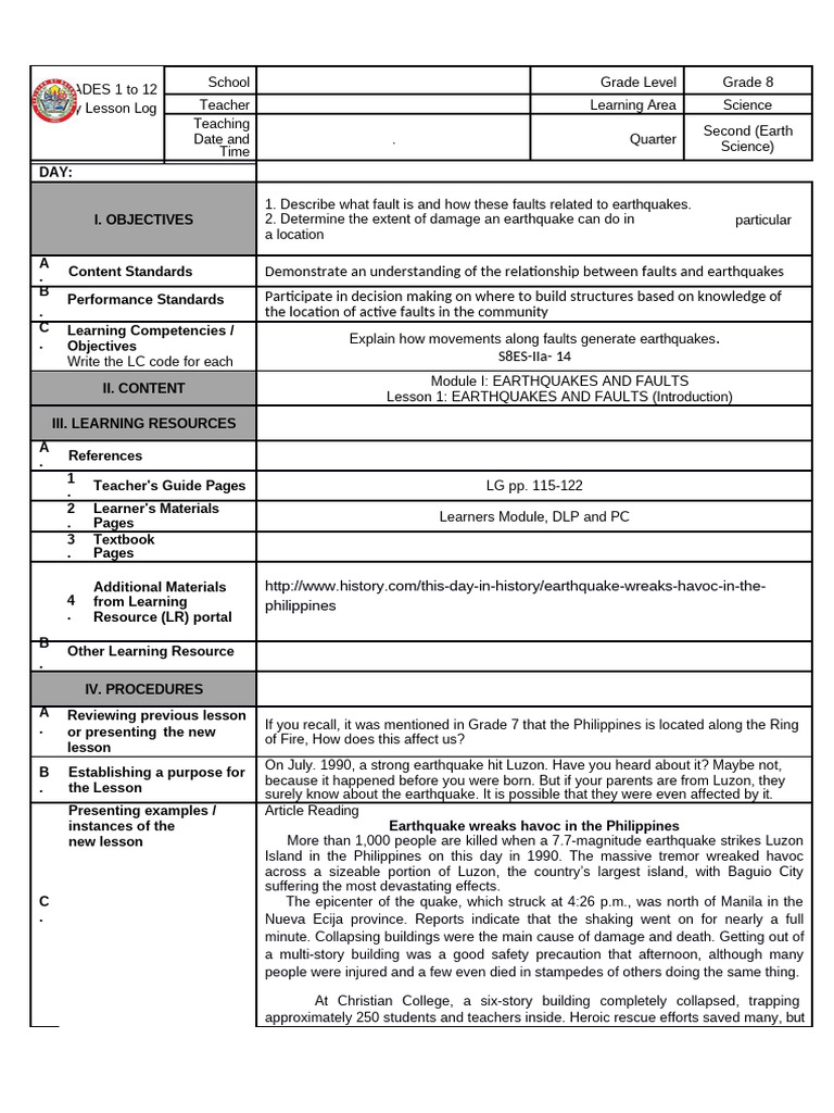 DLL Template g8 2nd Quarterdone | PDF | Earthquakes | Learning