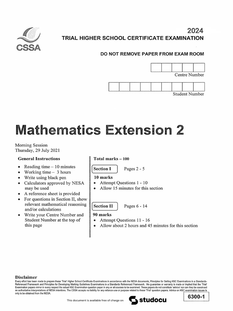 Cssa Maths Ext 2 HSC Trial Exam | PDF