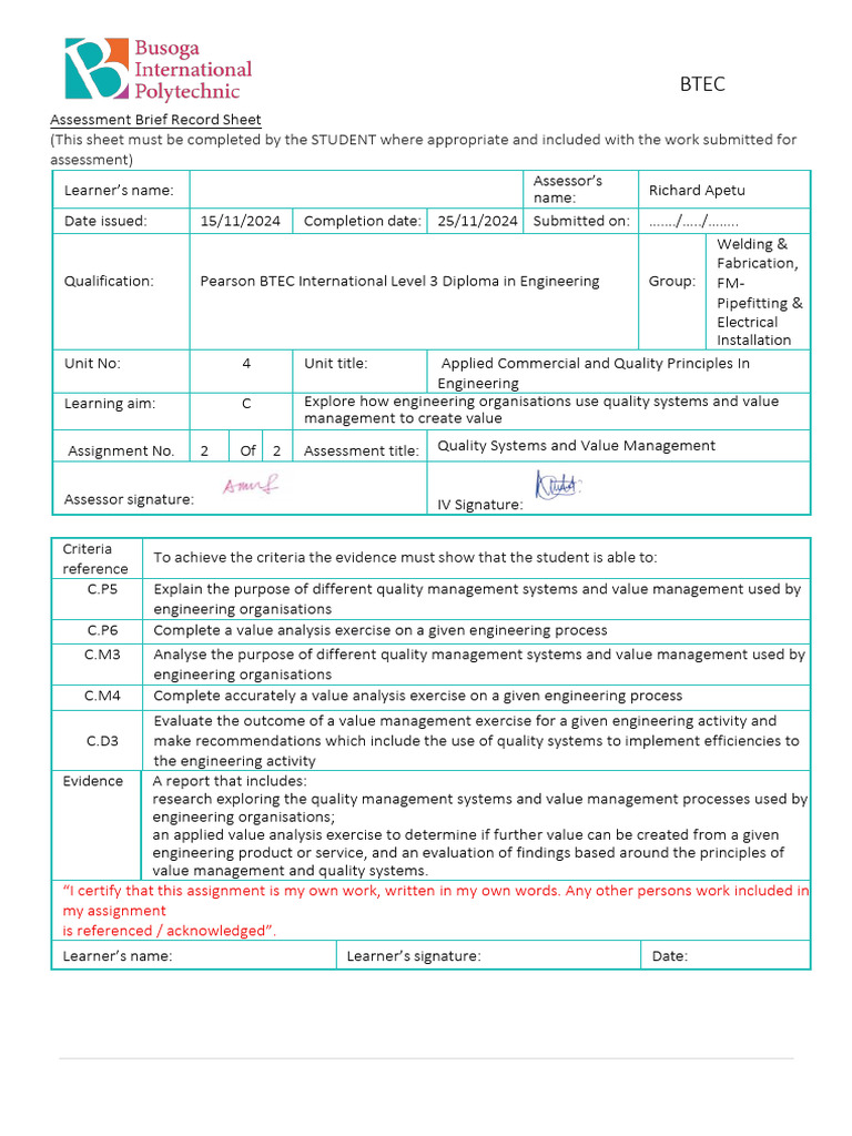 Quality Management in Engineering Systems | PDF | Quality Management ...