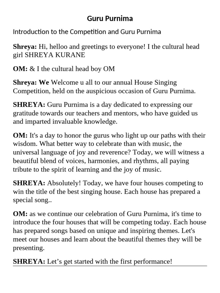 Guru Purnima Singing Competition Script | PDF | Guru