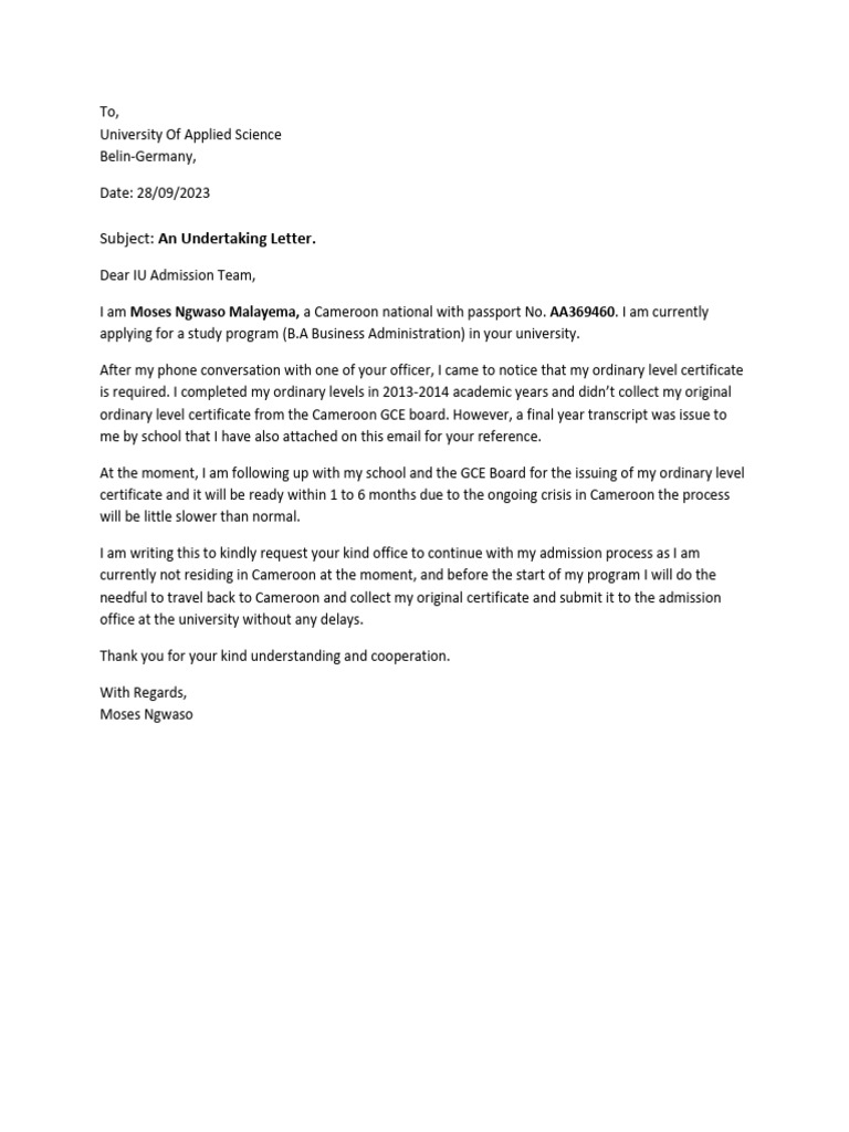 Undertaking Letter for Admission Process | PDF