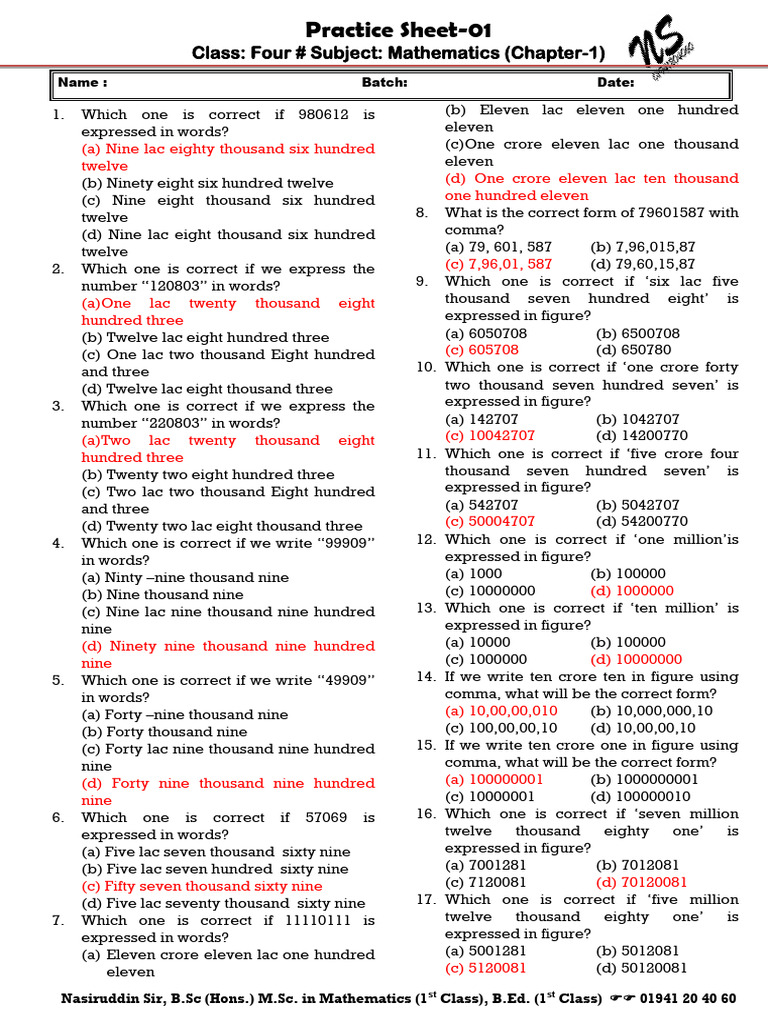 Math Practice Sheet for Class Four | PDF | Mathematics | Science