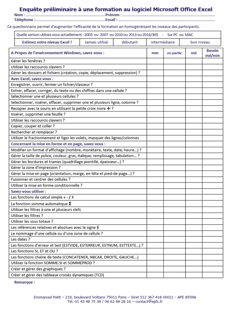 Questionnaire Pré-formation Excel | PDF | Microsoft Excel | Plate-forme ...