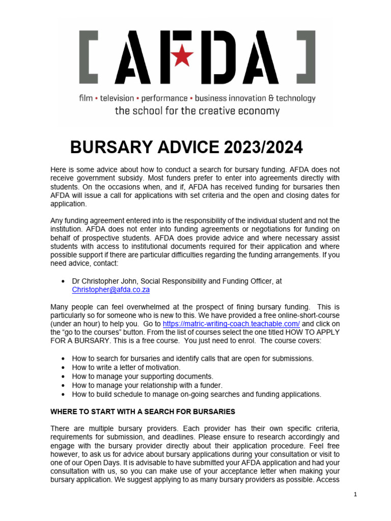 AFDA Bursary List 2023.2024 | PDF | Bachelor's Degree | Postgraduate ...