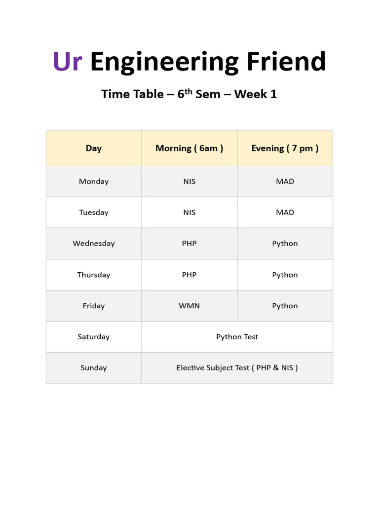 Week 1 Time Table | PDF