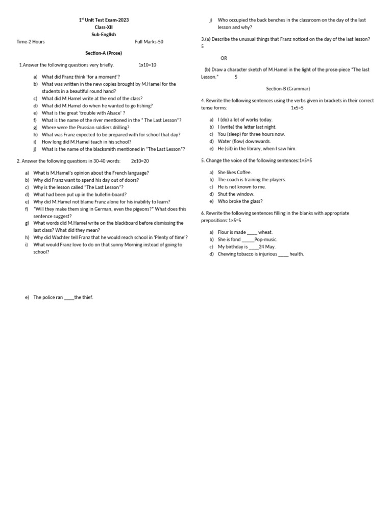 1st Unit Test - XII (English) - 2023 | PDF | Grammar | Linguistics