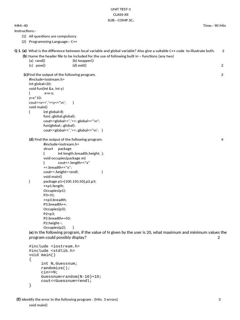 Class Xii Computer SC Ut 1 2018 19 | PDF | Integer (Computer Science) | C++