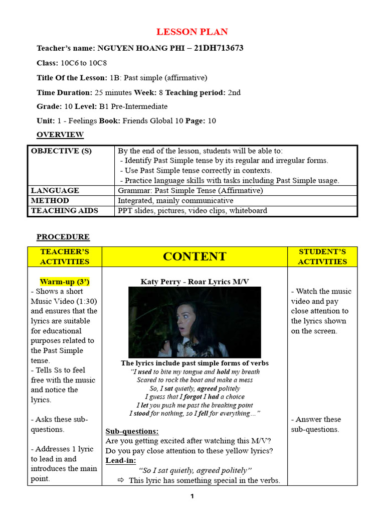 Past Simple Tense Lesson Plan | PDF | Grammatical Tense | Plural