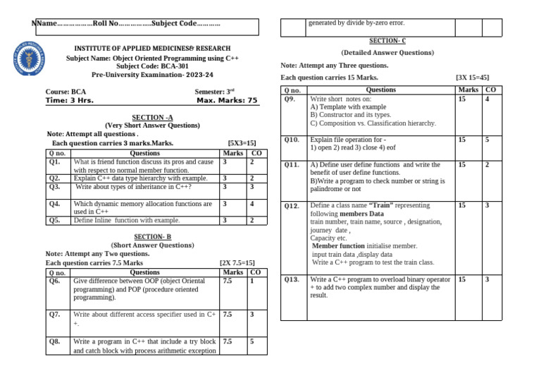 Pre-University Q.N Paper C++ | PDF | C++ | Method (Computer Programming)
