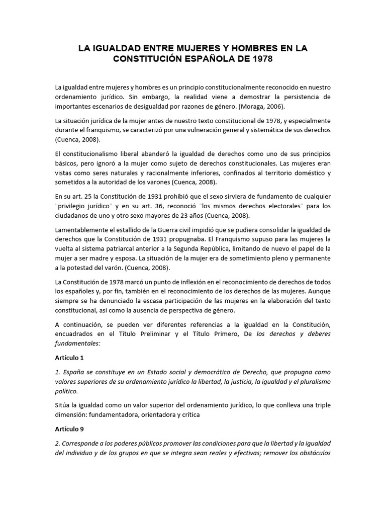 Tema 4 Igualdad Entre Mujeres y Hombres en La Ce de 1978 | PDF | Mujer ...