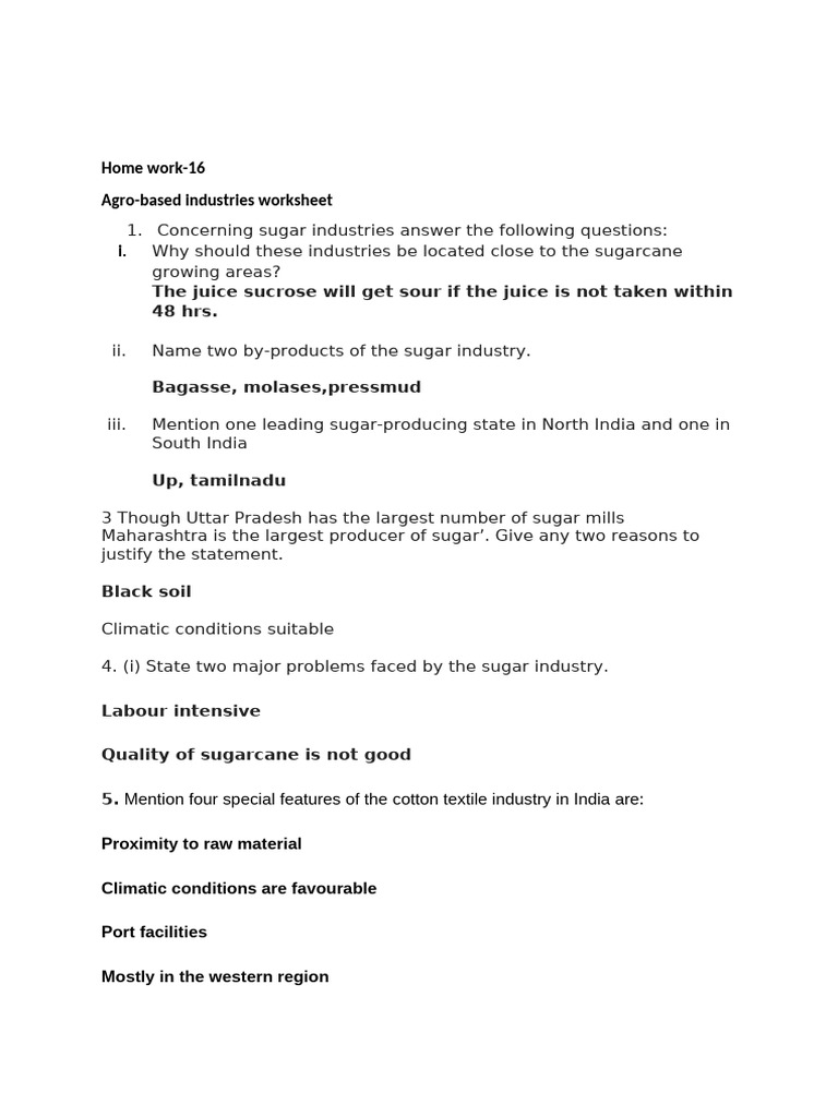 Grade 10 Geography: Agro-Industries Worksheet | PDF