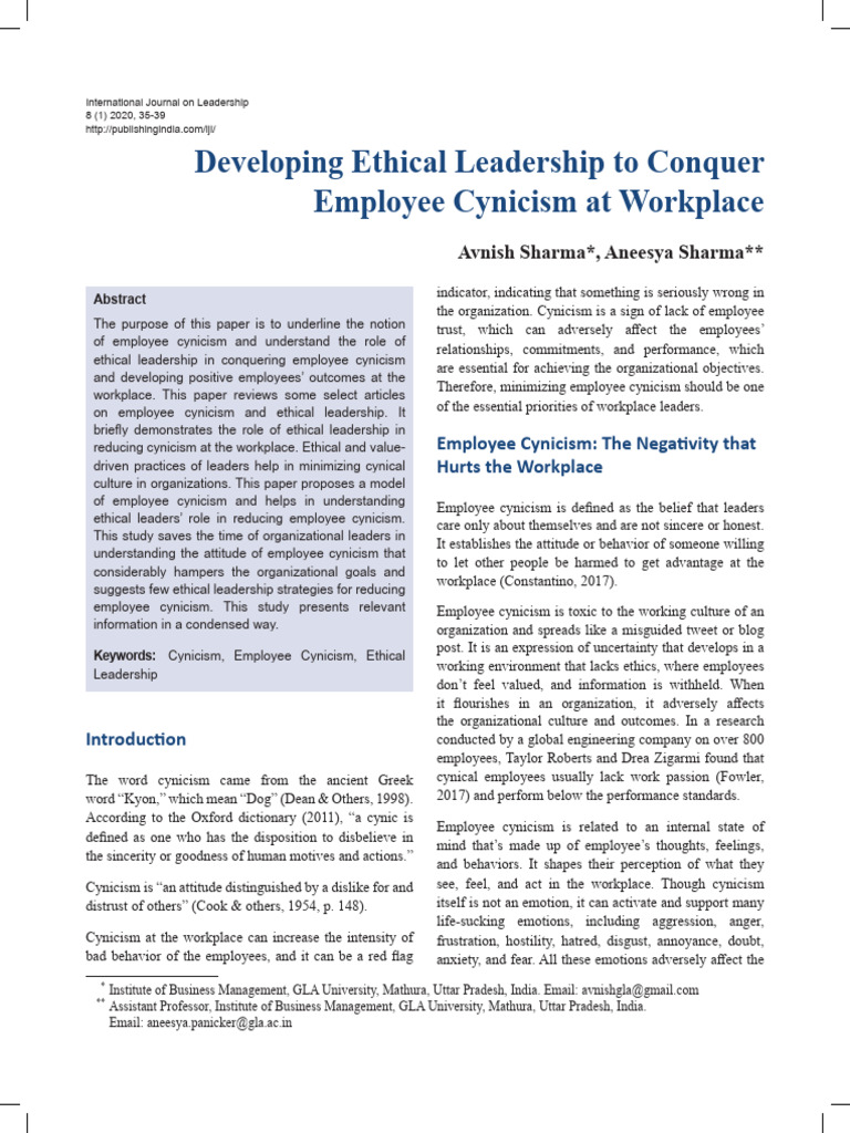 Ethical Leadership Against Employee Cynicism | PDF | Leadership ...