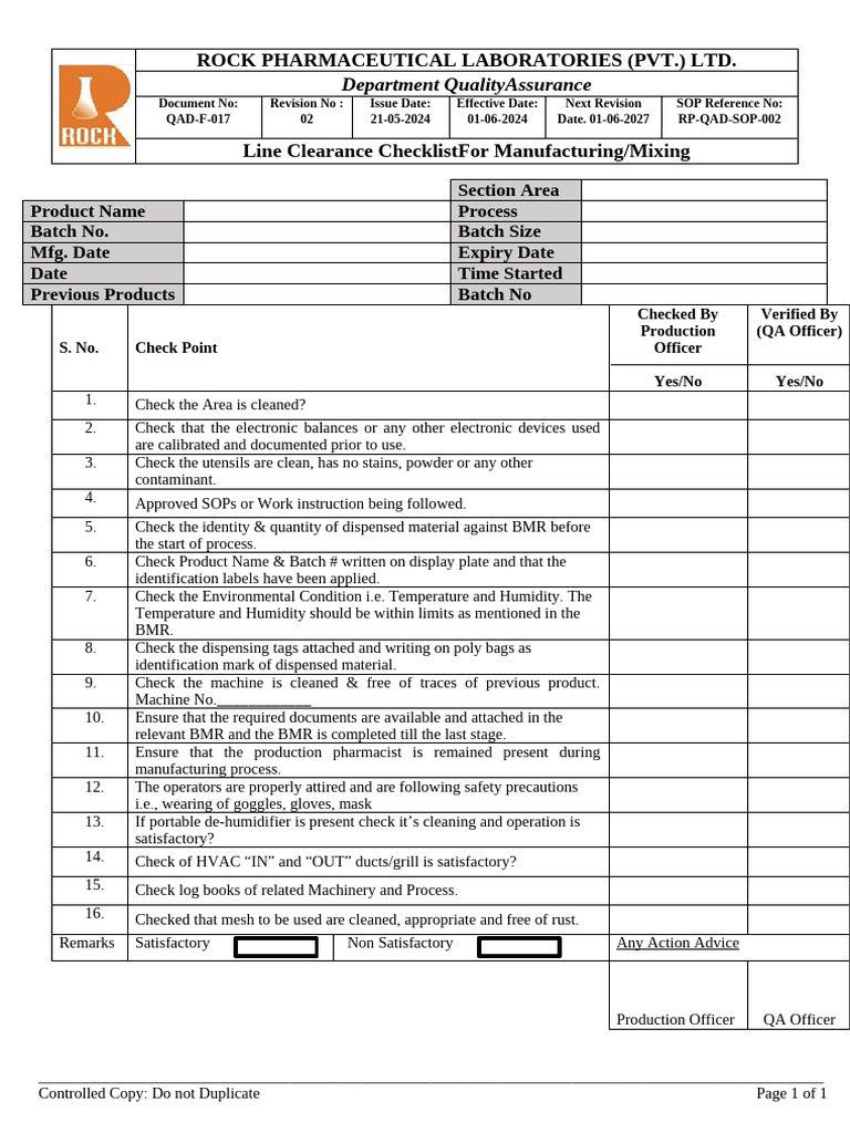 Manufacturing Line Clearance Checklist | PDF