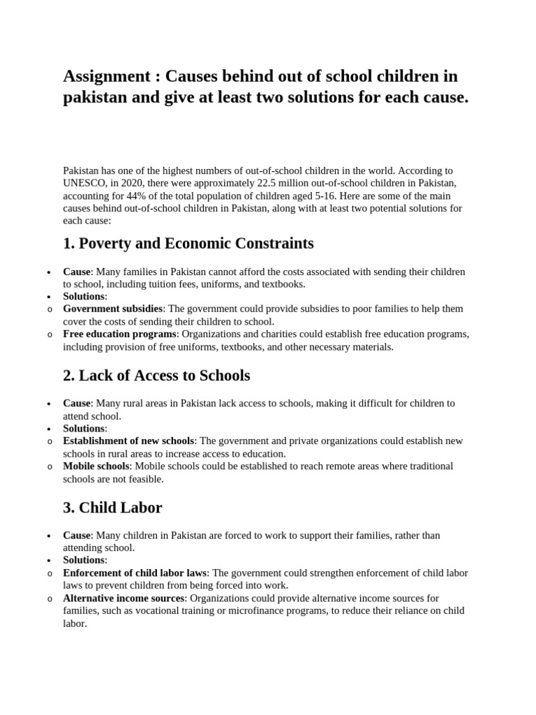 Causes Behind Out of School Children in Pakistan and Give at Least Two ...