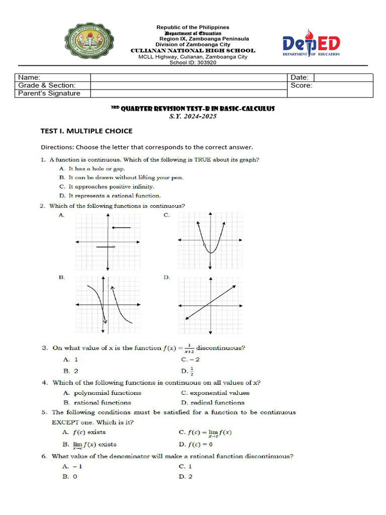 Basic Calculus Q3 Revision Test 2 | PDF