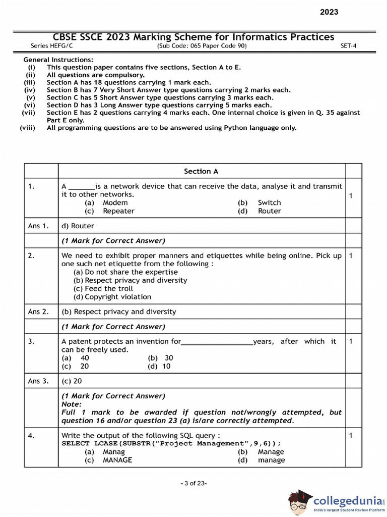 CBSE Class 12 Informatics Practices Compartment Answer Key 2023 ...