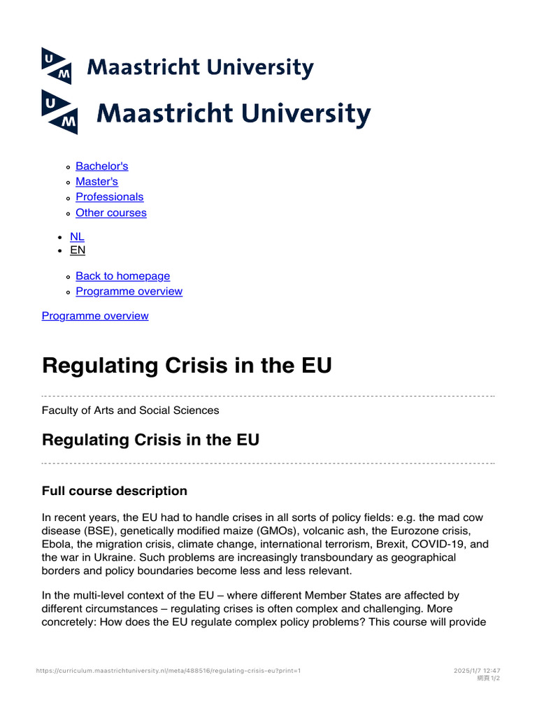 EU Crisis Regulation Course Overview | PDF | European Union | Policy