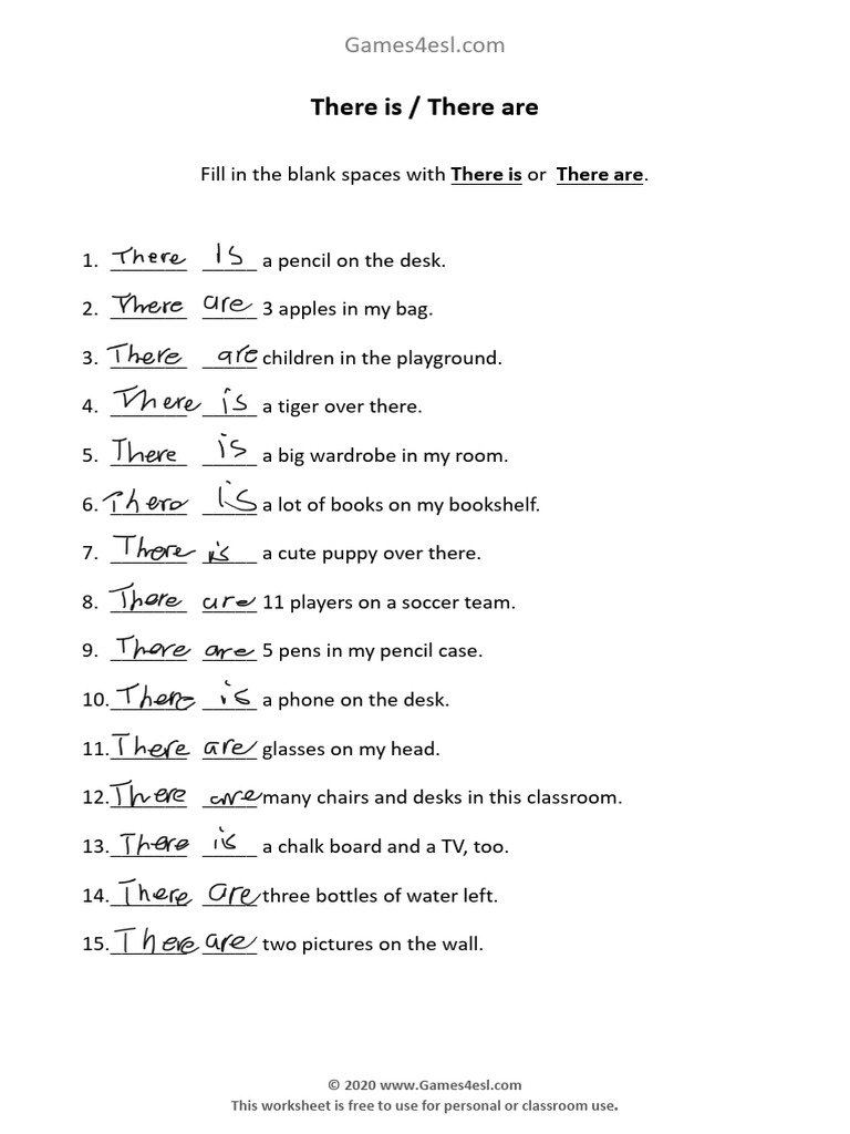 Fill in the Blanks: There Is/Are Worksheet | PDF