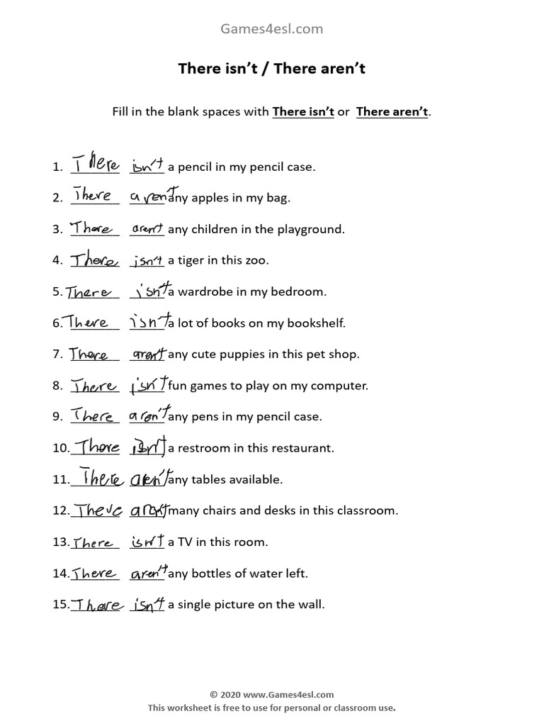 There Isn't / There Aren't Worksheet | PDF